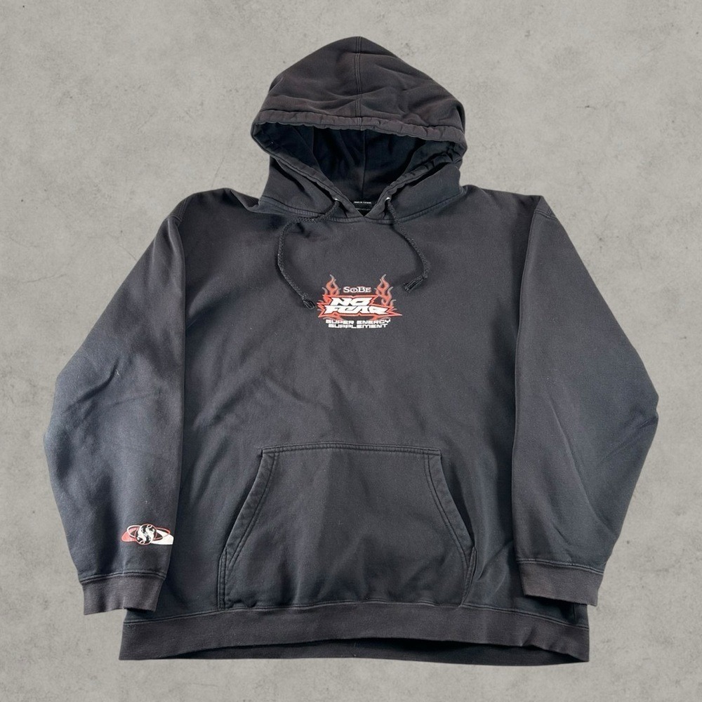 No Fear X Sobe Hoodie Mens XL Black Y2K Energy Drink Pullover Motocross Flames
